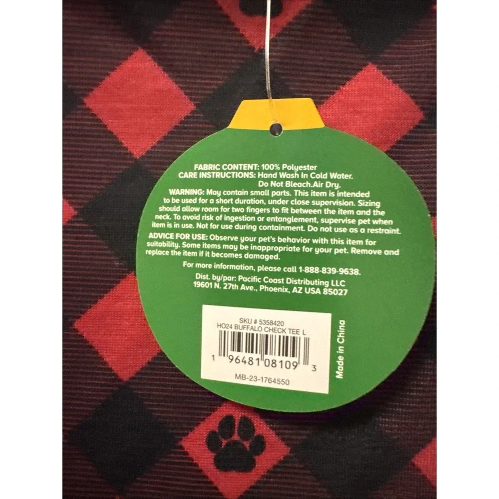 Merry & Bright Dog Holiday Pajamas Shirt Red & Black Paw Print‎ Buffalo Check L